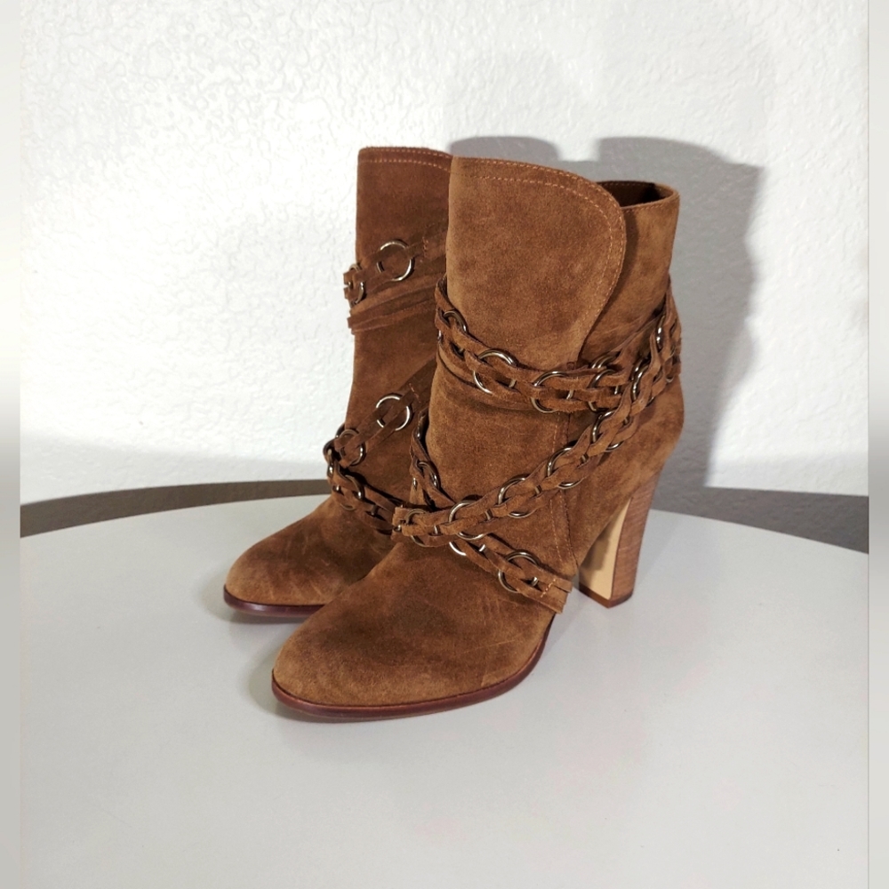 VC John Camuto Cai Taupe Brown Leather Embellished Heeled Booties
